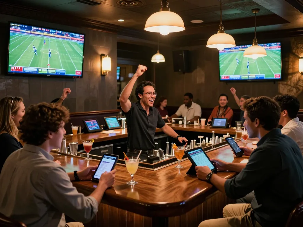 Engaged bettors analyzing tỷ lệ bóng đá kèo nhà cái in a lively sports bar setting