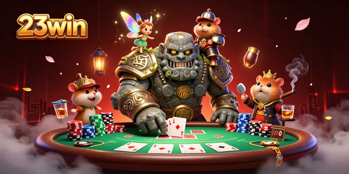 Experience the magic of 23win with a lively poker scene, featuring a golem, fairy, and hamster knight.
