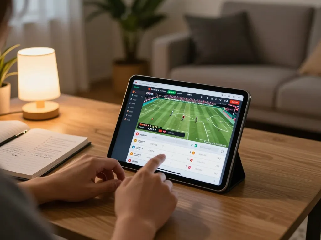 Person placing bets on LC88 online sports betting interface with notebook and ambient lighting