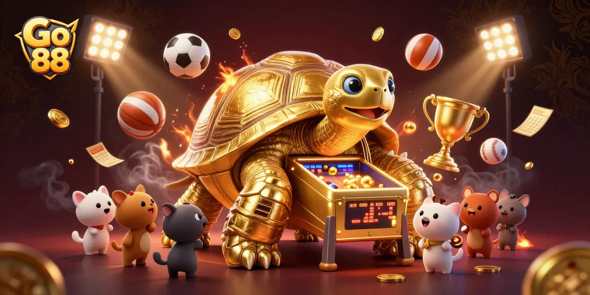Go 88 showcases an exhilarating scene with a colossal golden tortoise pinball machine and lively sports elements.