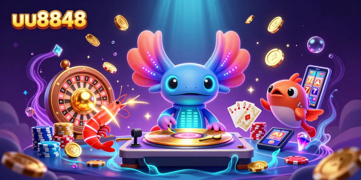 Experience thrilling gaming with uu8848's vibrant 3D casino illustration, featuring a neon axolotl DJ and exciting game elements.