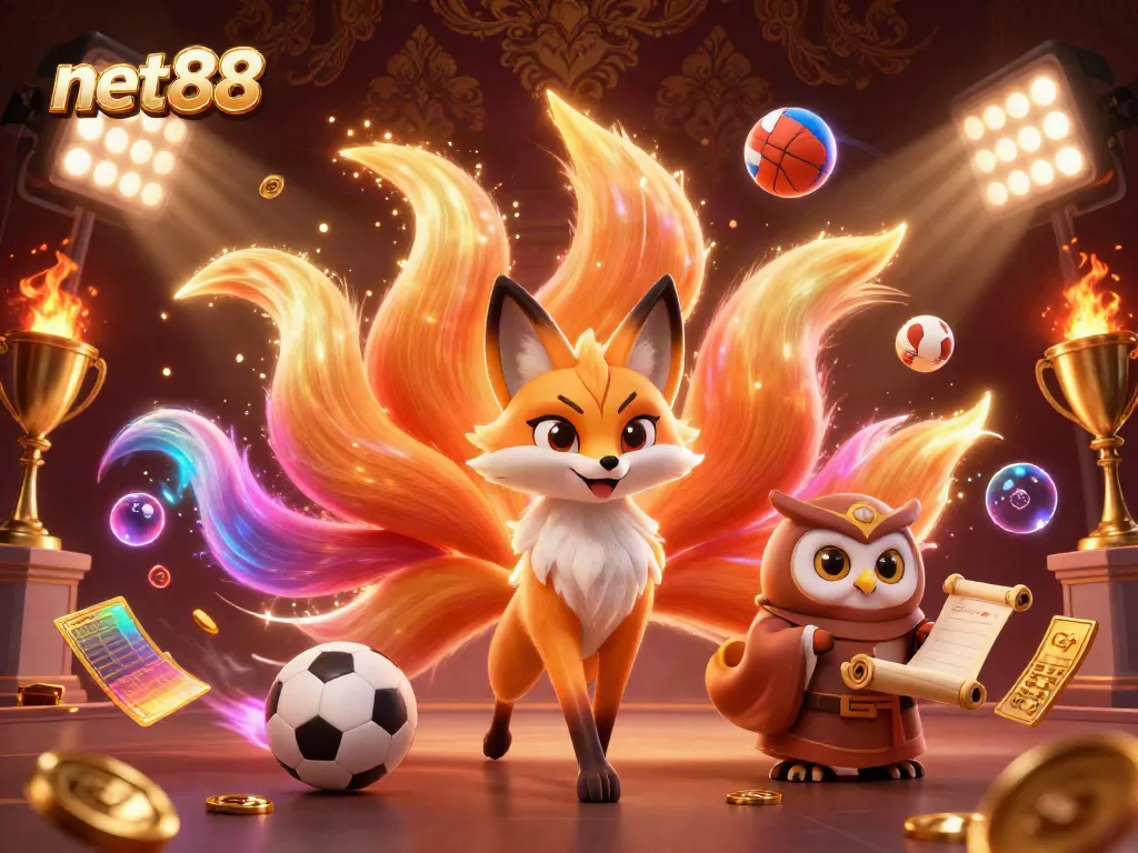 Experience vibrant gaming with the net88 illustrated scene of mythical creatures and dynamic sports betting elements.