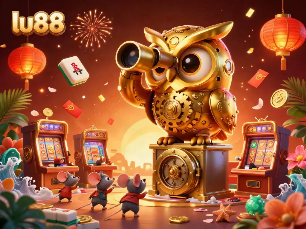 Experience thrilling gambling at lu88 with a golden owl overseeing a vibrant casino atmosphere.