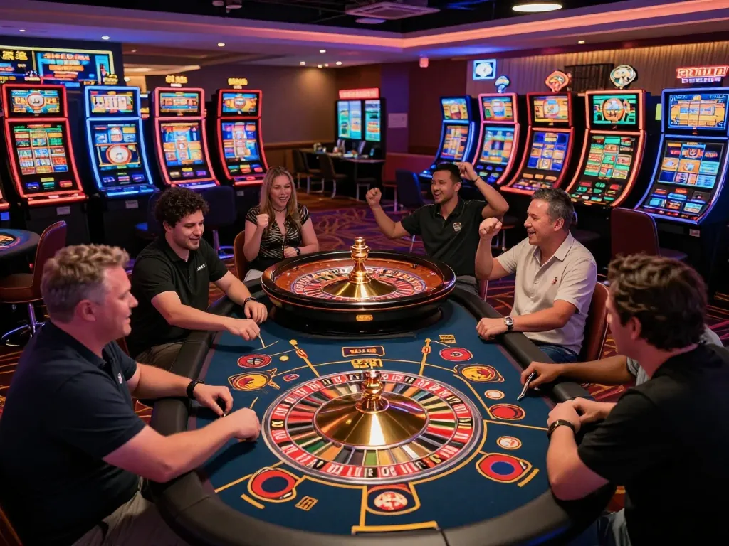 Players engaging in dynamic gambling action on https://rr88c.org/ casino floor with vibrant lighting and thrilling atmosphere.