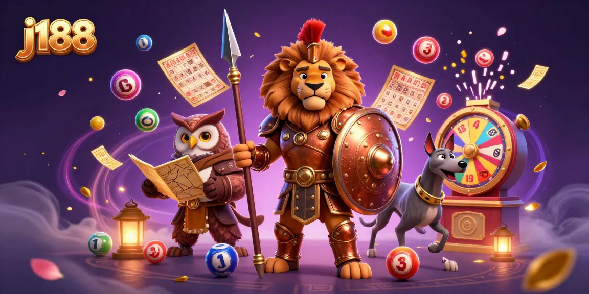 Experience the excitement of j188 with a dynamic lottery scene featuring vibrant elements and characters.