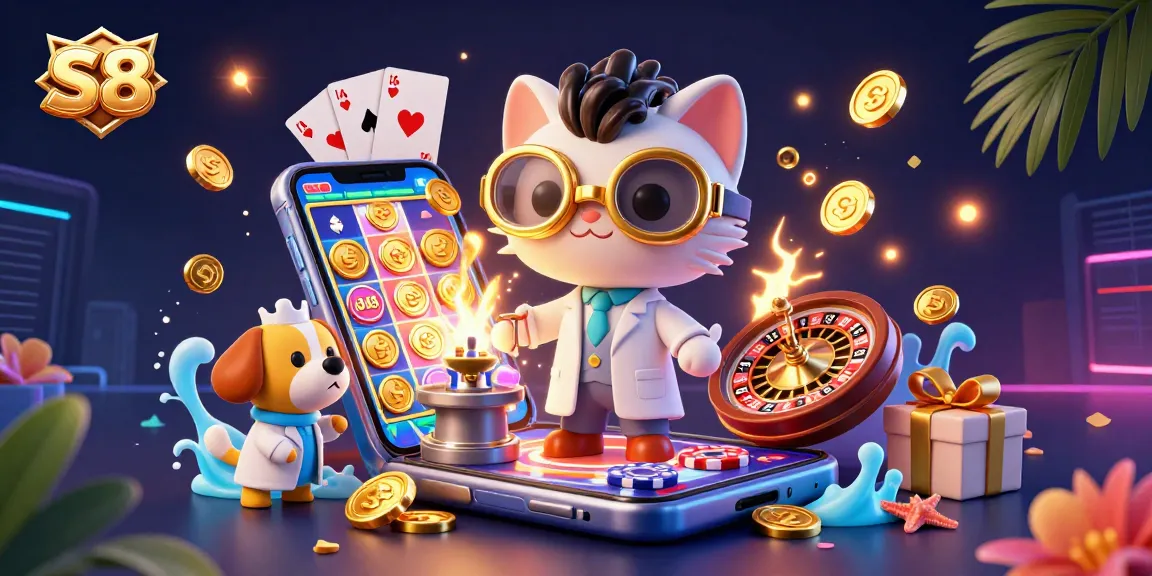 S8 engages players with vibrant slot games and exciting winnings amidst a dynamic 3D casino illustration.