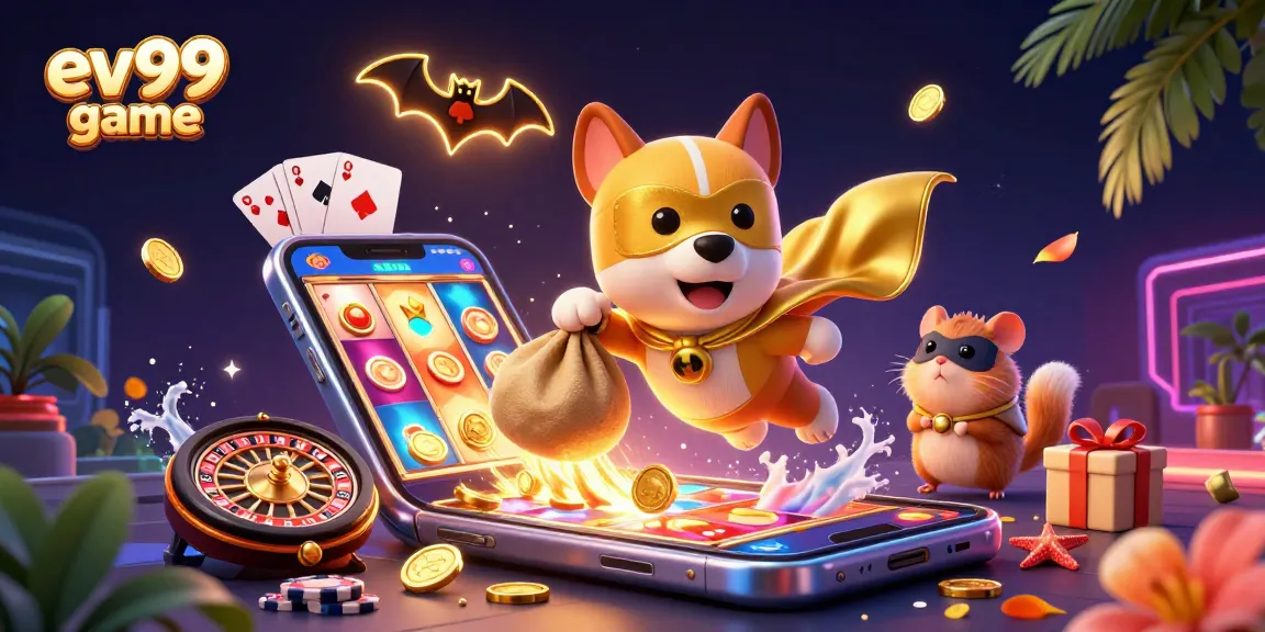 Engage with ev99 game illustrated by a 3D superhero dog and dynamic gambling symbols.