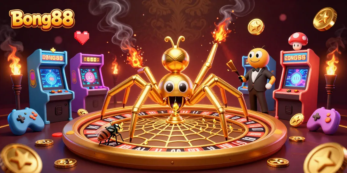 Bong88 players enjoy vibrant, dynamic casino action amid colorful arcade games and roulette webs.