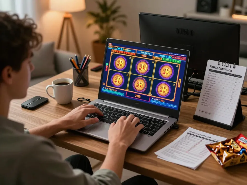 Engaged player at https://rr88c.mobi/ enjoying online slot games in a cozy home setting.