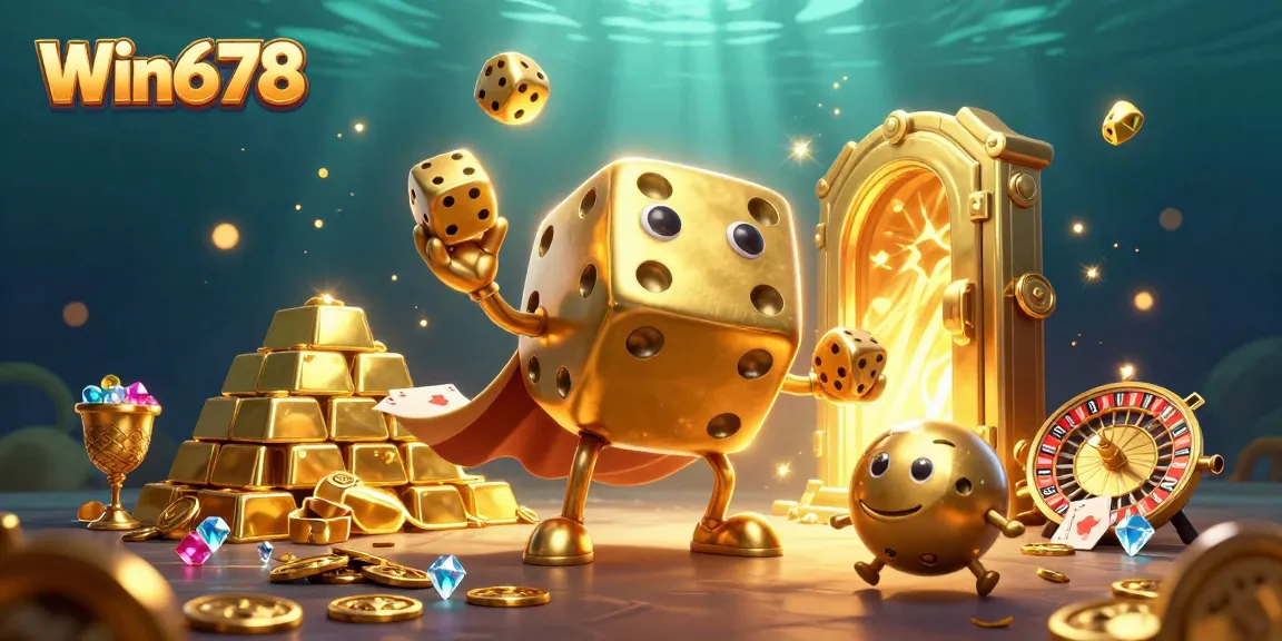 Experience excitement at Win678 with a rich 3D casino scene filled with golden treasures and dynamic gaming elements.