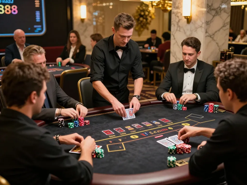 CM88 players strategizing during an intense blackjack game in an upscale casino setting.