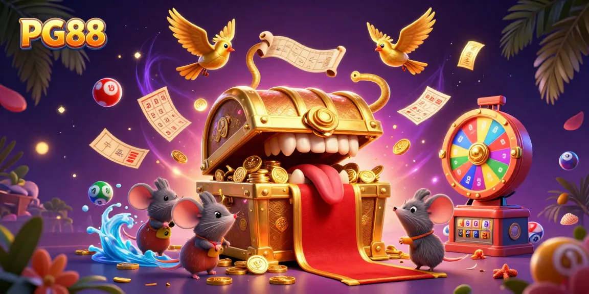 Win big with PG88 as adventurer mice chase golden treasures in this vibrant casino illustration.