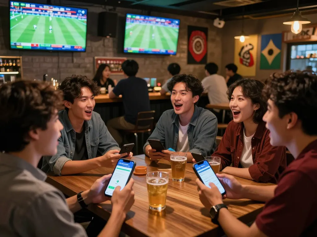 Friends enjoying sports betting with keonhacaii app at lively bar during match.