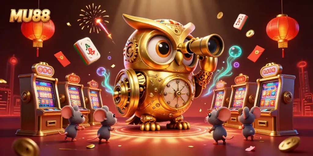 Engage in epic slots with MU88 featuring a golden owl and lively mouse patrons in a dynamic casino scene.