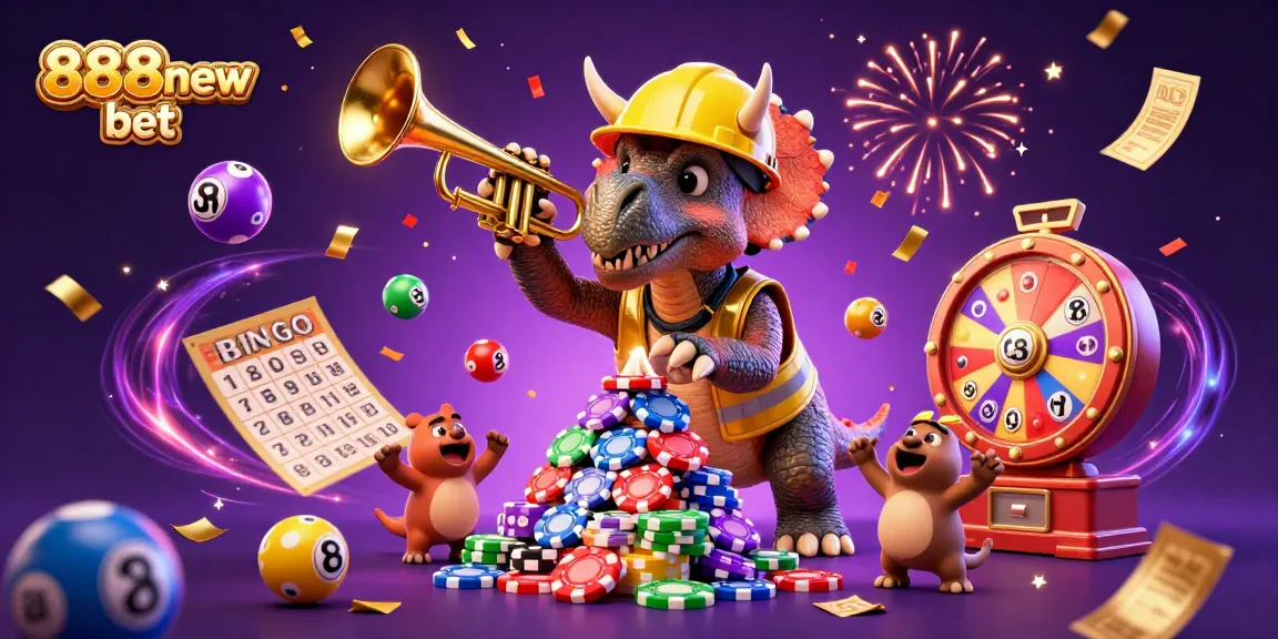 Join the celebration with 888new bet as a triceratops builds poker chip pyramids surrounded by vibrant casino elements.