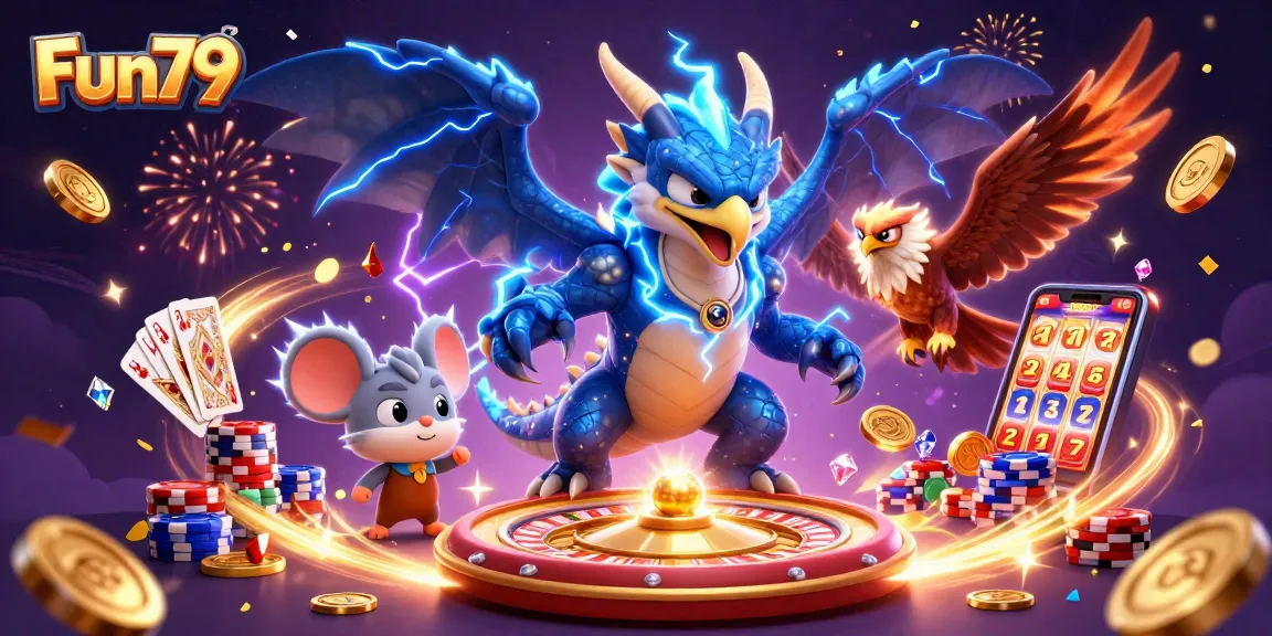Engage with Fun79's exciting atmosphere featuring thunder dragon and vibrant casino elements.