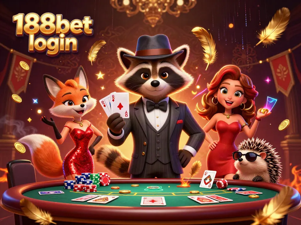 Experience exciting poker action with 188bet login featured in a vibrant 3D casino illustration.