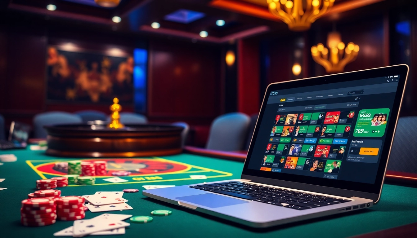 Gaming excitement at https://gg88.ltd/ with chips and cards on a luxurious casino table.