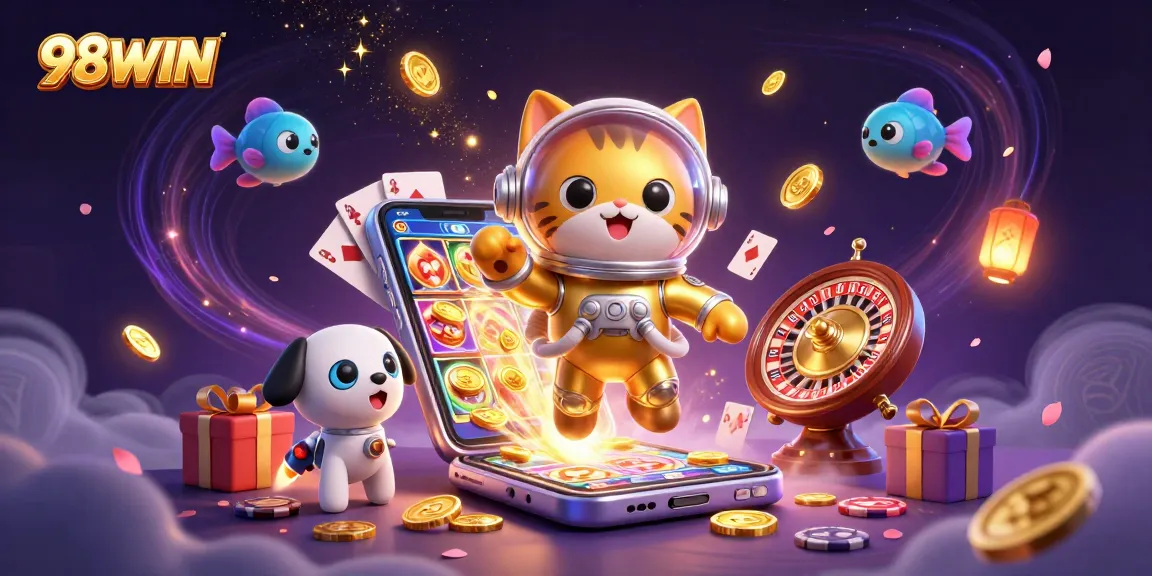 Experience thrilling gameplay with 98WIN's vibrant atmosphere and colorful slots in an exciting illustration.