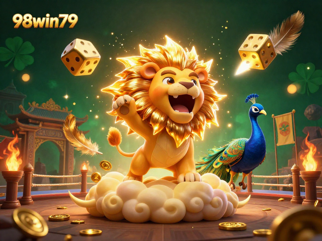 Engage in thrilling gameplay at 98win79 with a vibrant 3D casino-themed digital illustration showcasing roaring lion and dynamic elements.