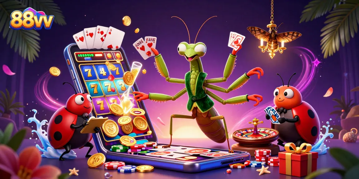 Engage with 88vv as the giant praying mantis dealer shuffles cards amidst exciting slot game elements.
