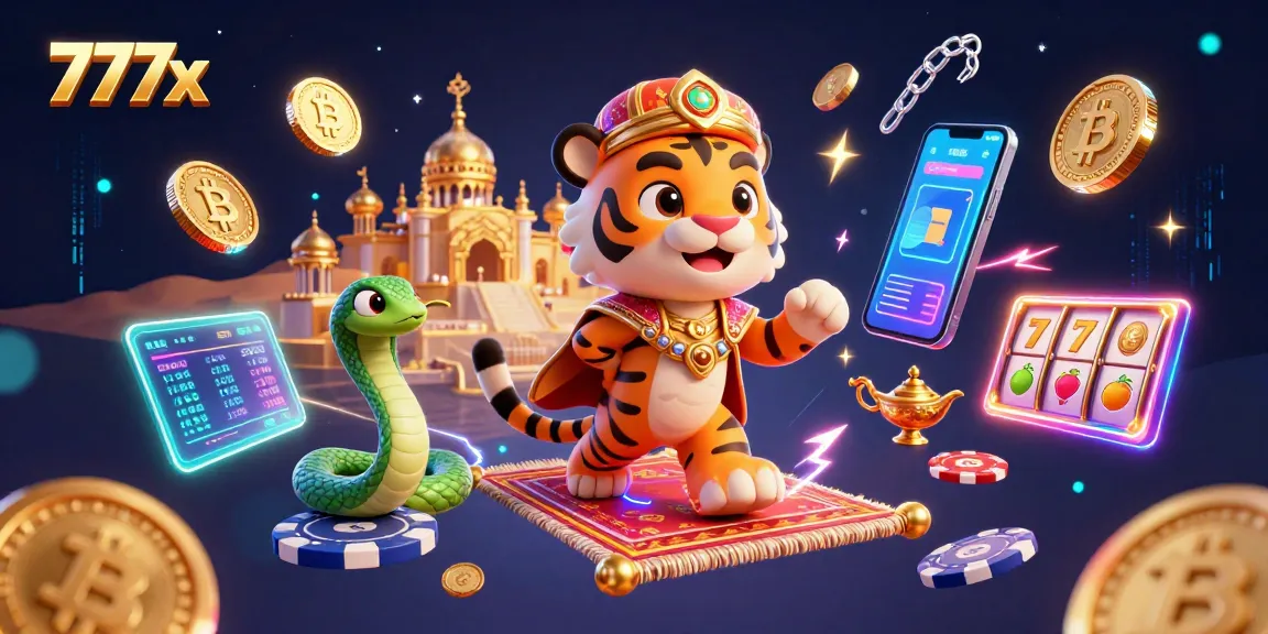 Play with the immersive 777x gaming experience featuring a sultan, magic lamp, and vibrant casino elements.