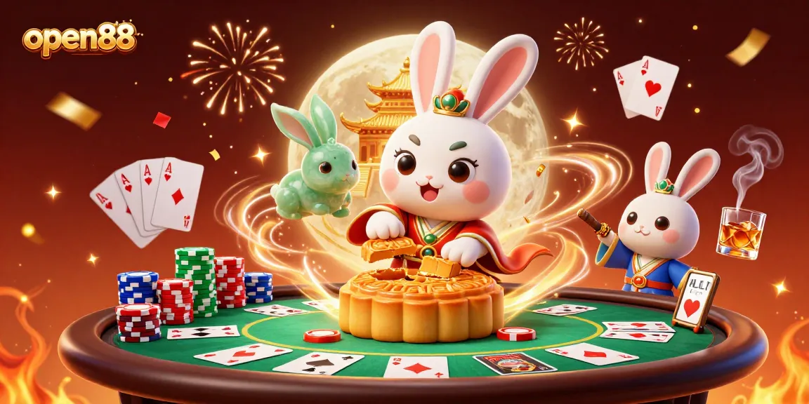 Experience the excitement of open88 with a festive casino scene featuring poker elements.