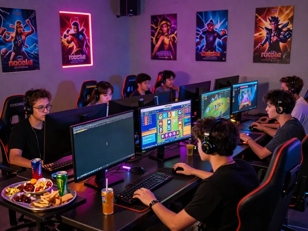 Friends enjoying a competitive gaming session on rokok88 super with vibrant ambiance and snacks.