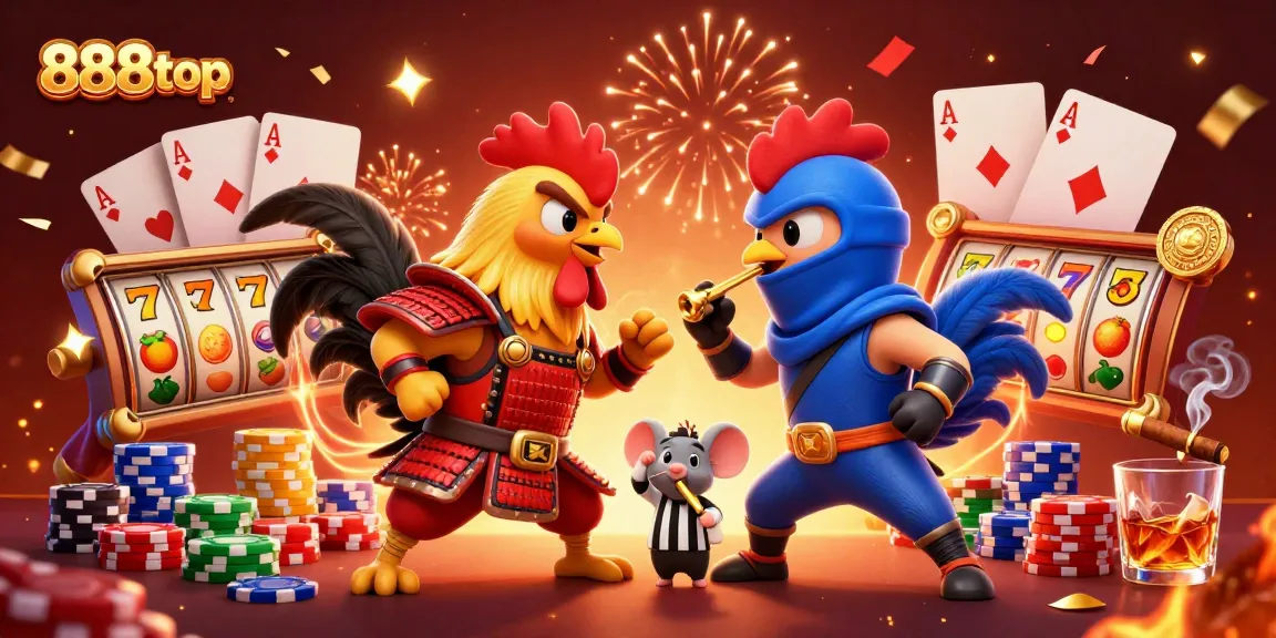 Engage with thrilling action at 888top featuring fighting roosters in a vibrant slot-filled showdown.