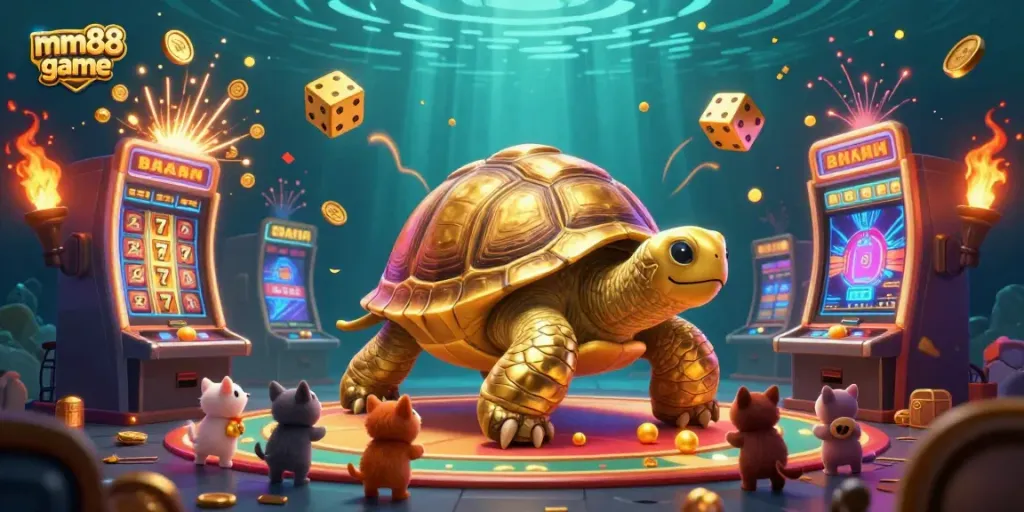 Experience mm88 game with a lively scene of animated characters engaging in casino fun.