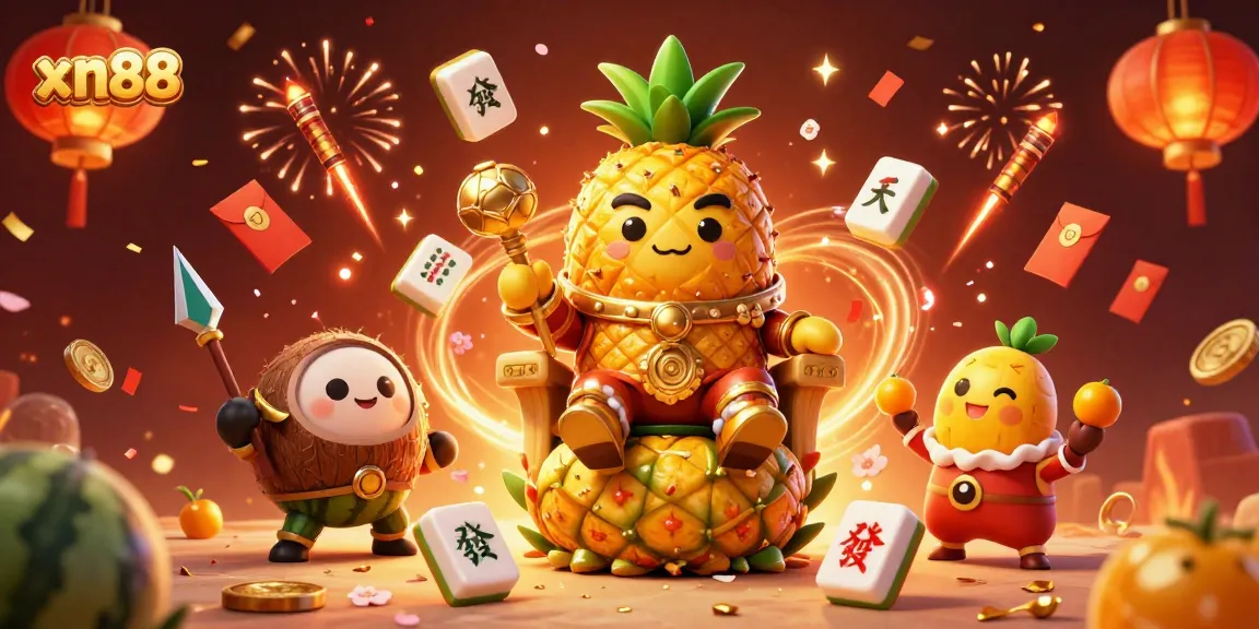 Engage with xn88 on a vibrant beach casino scene showcasing adventure with a golden pineapple king.