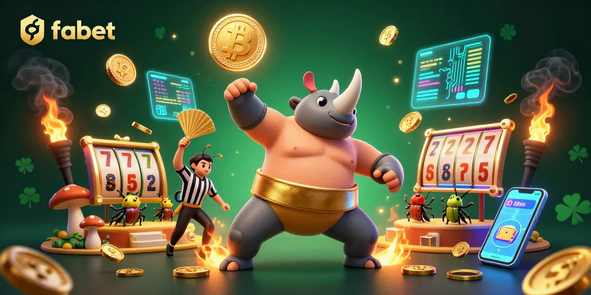 Join fabet's thrilling sumo match with a rhinoceros beetle champion surrounded by vibrant casino elements.