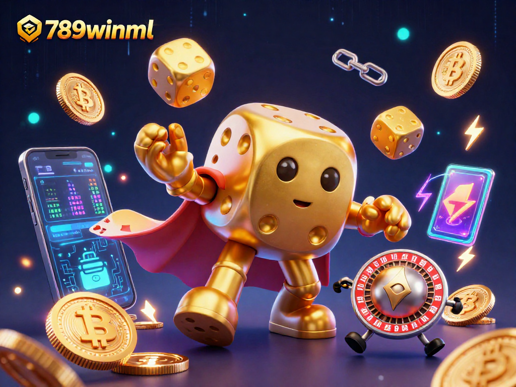 Engage in thrilling gaming with 789winml, featuring a golden dice golem and crypto elements.