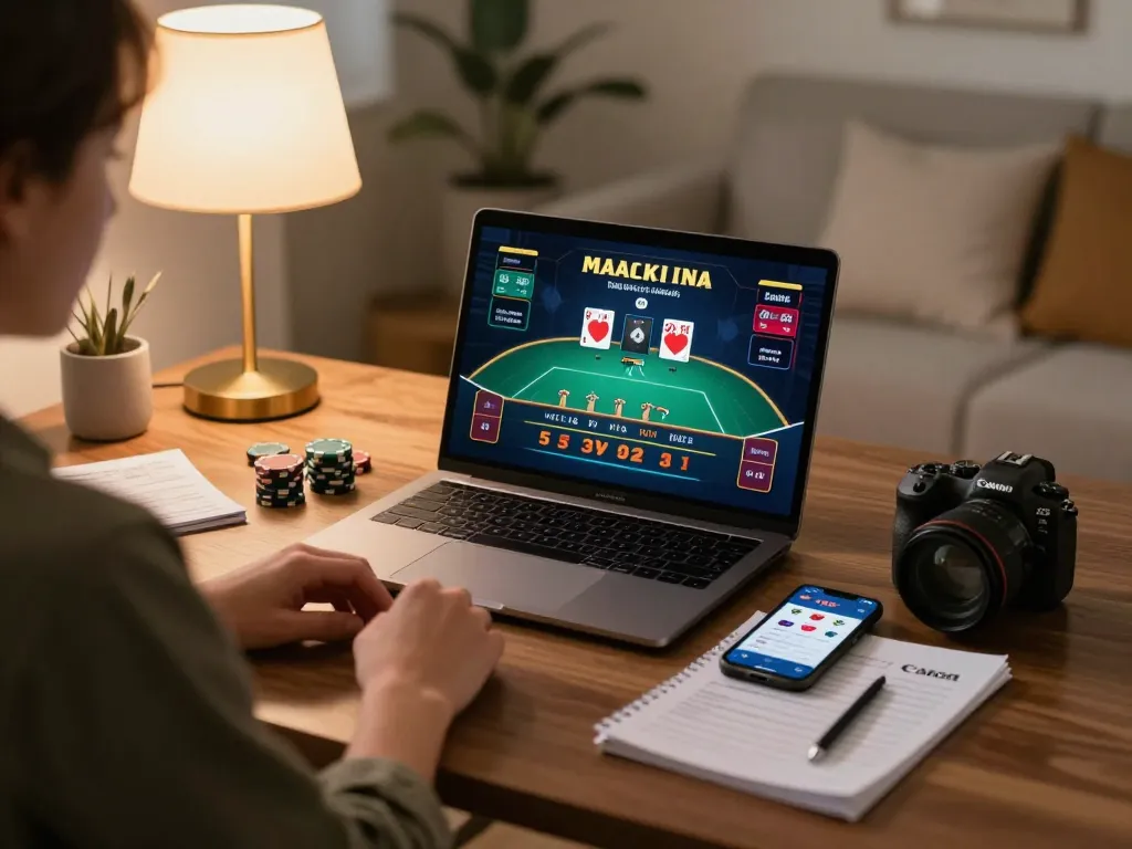 Player enjoying an online game at RR88, analyzing strategies on a laptop with a cozy atmosphere.