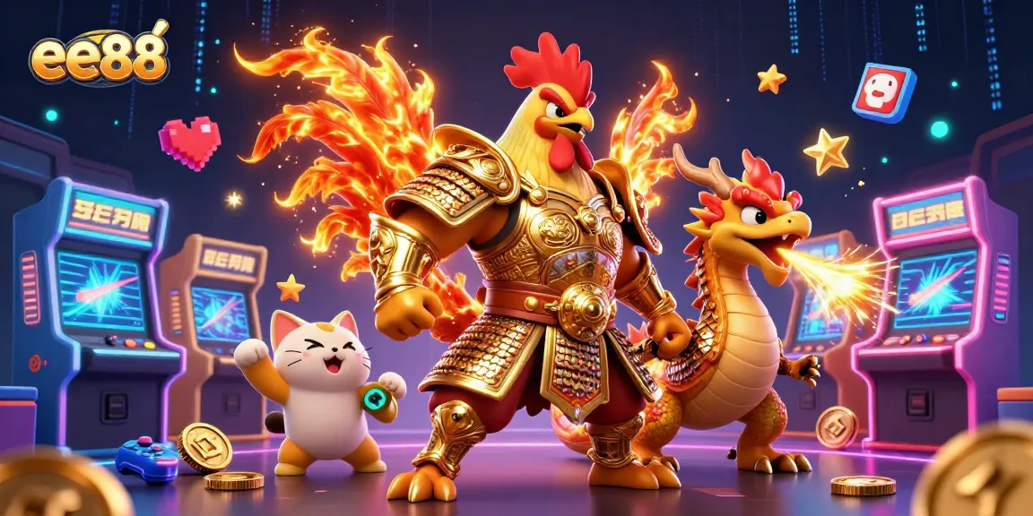 Engage in ee88 battles with a rooster warrior, dragon hatchling, and fortune cat in a vibrant casino scene.
