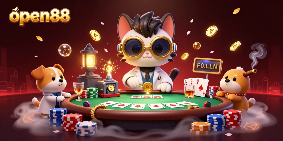 Join the excitement with open88 at a vibrant poker table featuring golden coins and colorful chips.