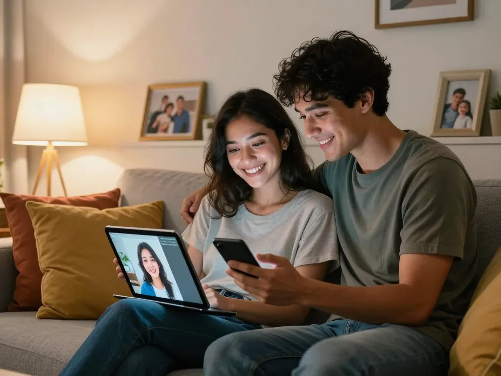 Girlfriend AI interaction in a cozy home setting with digital devices