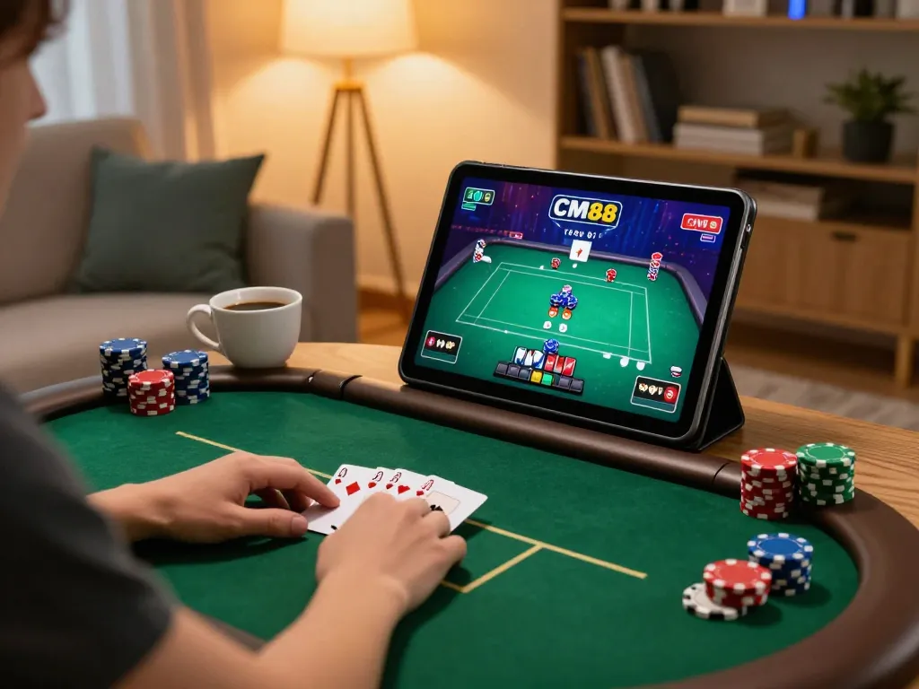 Player engaging in live poker at CM88 on a tablet in a cozy home setup, illustrating online gambling excitement.