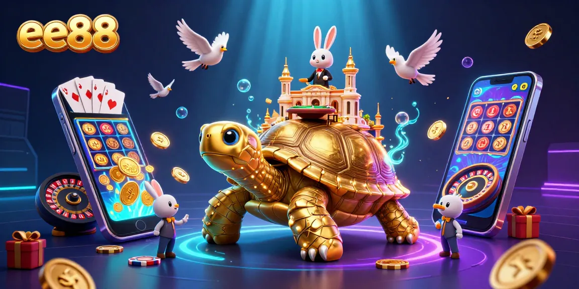 ee88 gaming illustration featuring a golden tortoise casino and dynamic game elements.
