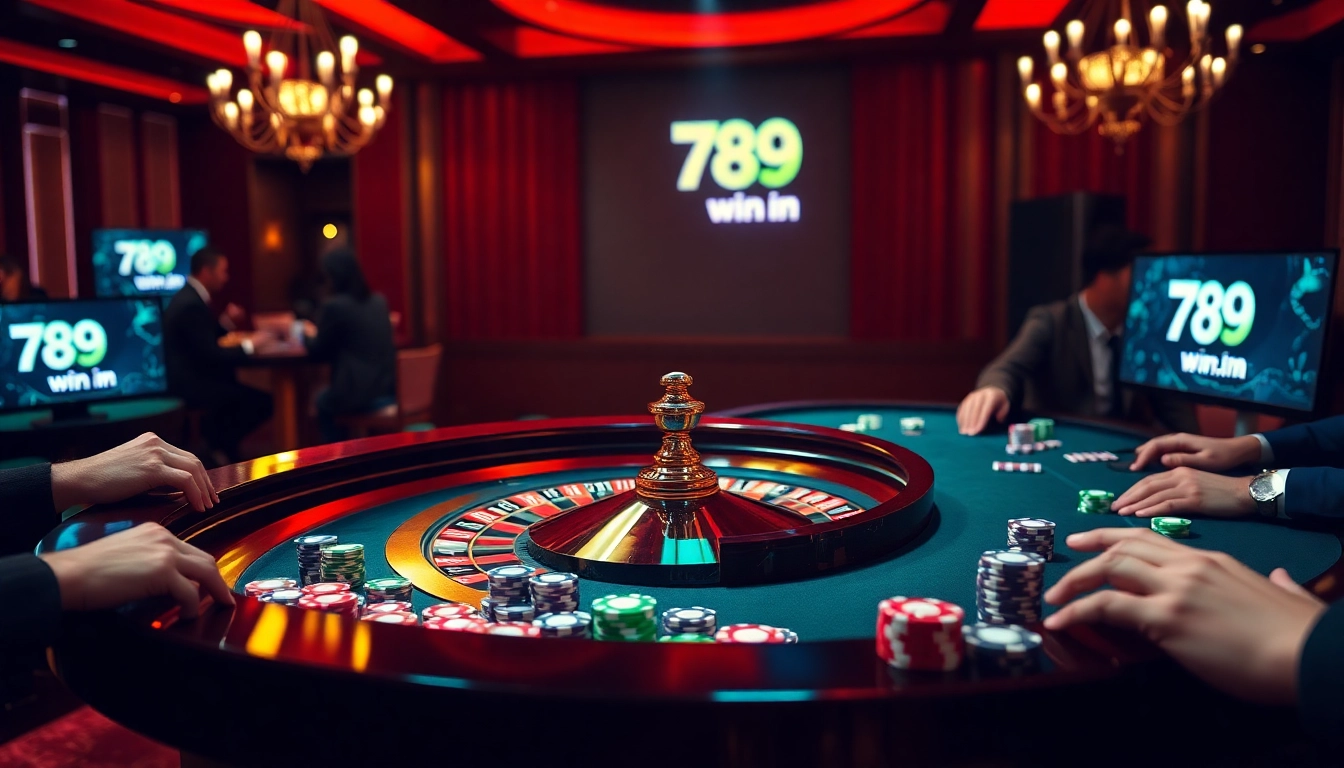 Excited players placing bets at a vibrant casino table featuring the 789 win roulette wheel.