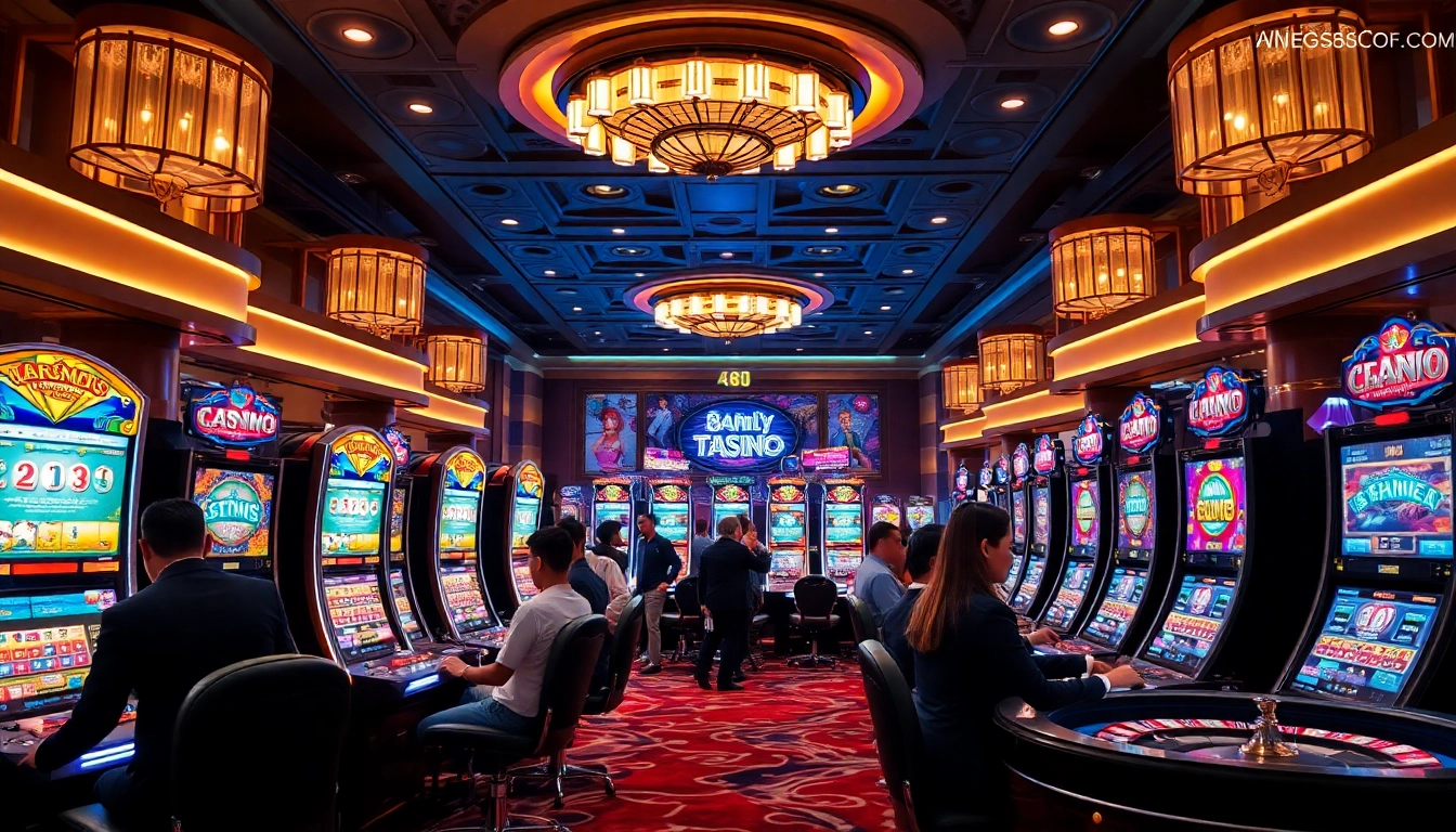 Engaging players at Nhà cái gg88 enjoy vibrant slot machines in a luxurious casino setting.