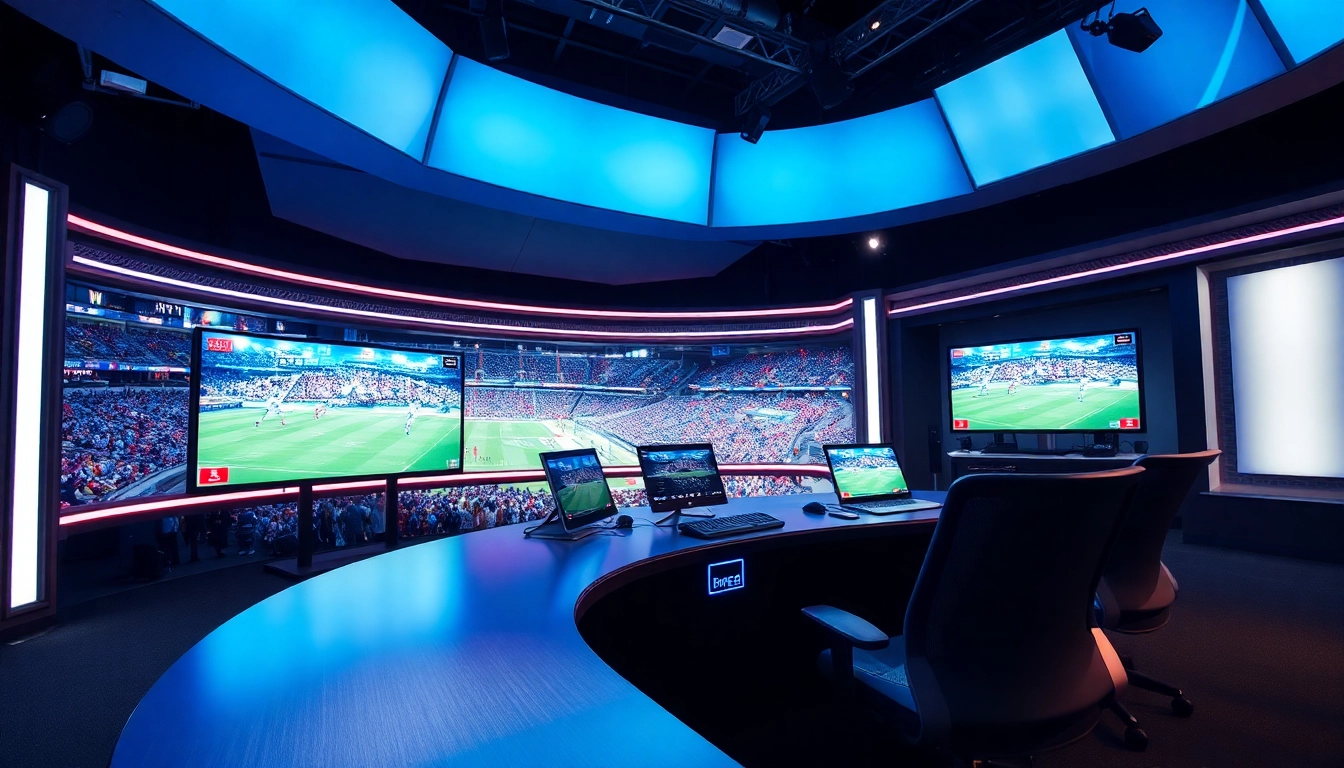 Engaging scene of a sports broadcasting studio with vibrant displays and equipment.