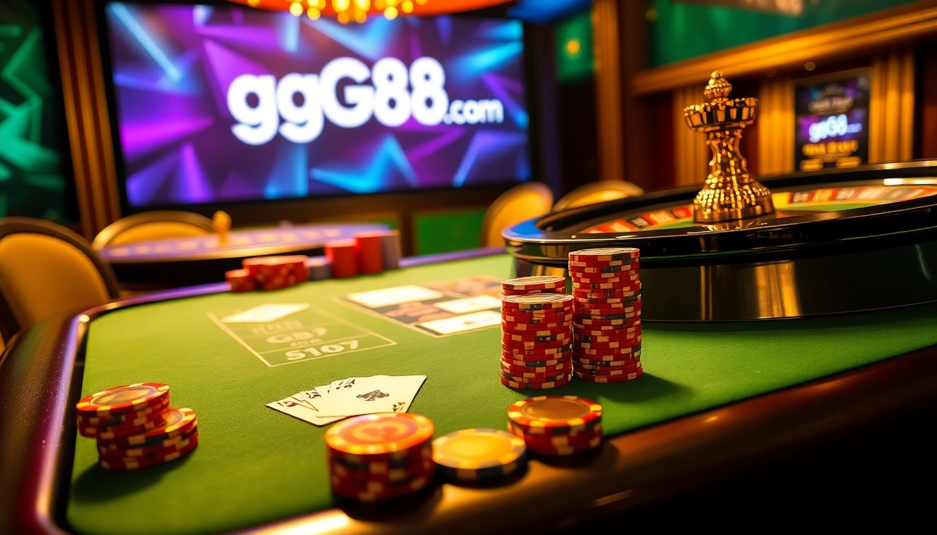 Experience the exciting world of gambling at gg88 com with luxurious casino visuals featuring vibrant tables and colorful chips.