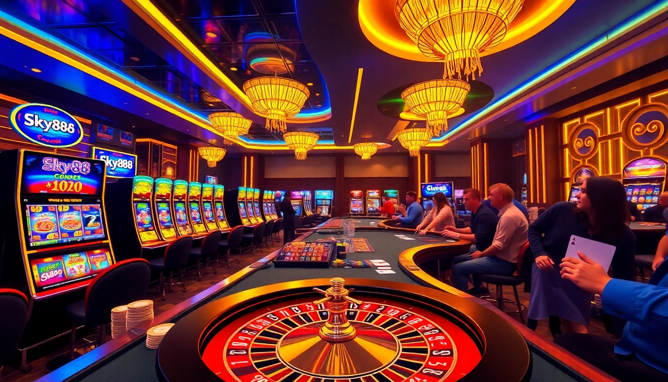Players enjoying Sky88's vibrant online casino, with exciting gaming tables and slot machines.