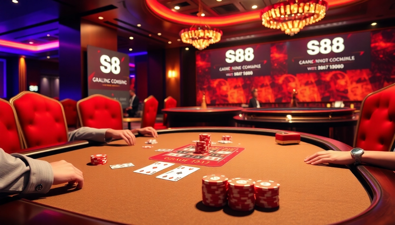 S8 casino scene featuring players at a poker table with colorful chips and exciting gameplay.
